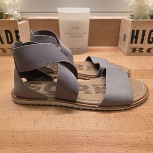 SOREL Womens Sandal Ella Strappy Gray Stretch Flat Leather Sz 6.5 Slide On